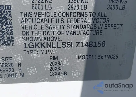 2020 GMC Acadia Awd At4 z USA, uszkodzony, nr VIN 1GKKNLLS5LZ148156